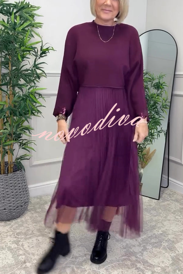 Fenna Ribbed Sequin Trim Batwing Sleeve Sweater and Pleated Tulle Stretch Tank Midi Dress Two-piece Set