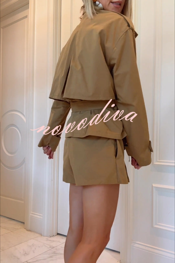 Chic Comfort Epaulettes Contrast Buttons Pocket Belt Cropped Trench Coat