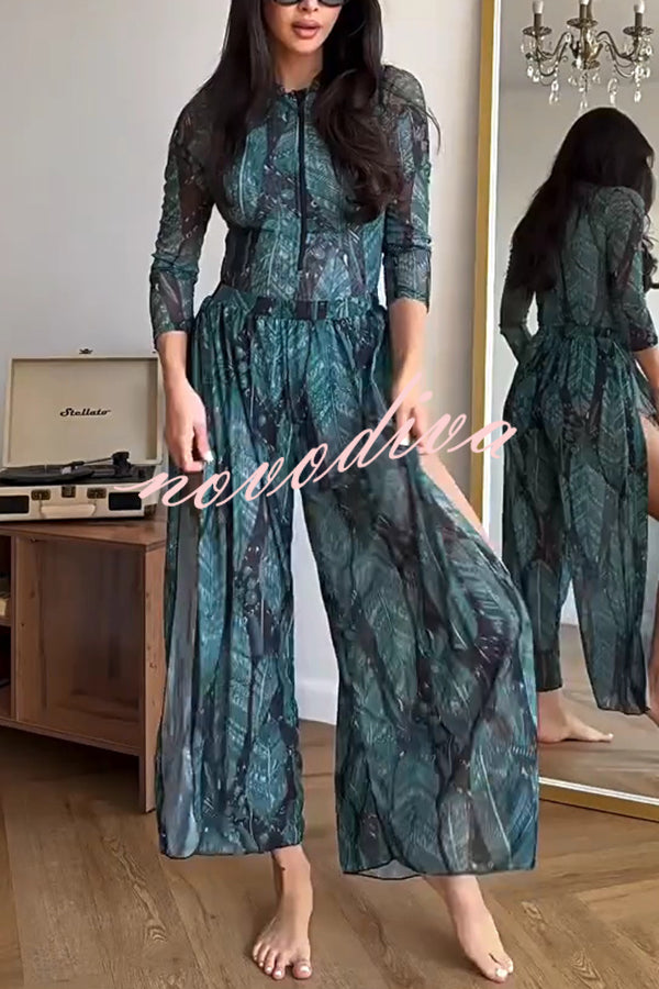 Unique Print One-piece Swimsuit and Cardigan and High Rise Pants Three-piece Set