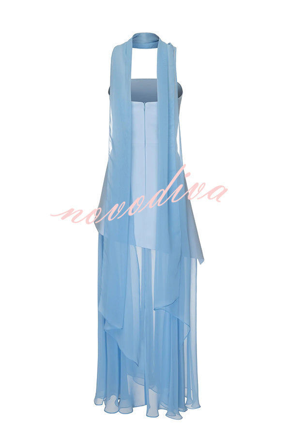 Monaco Off Shoulder Structured Top Chiffon Slit Hem Scarf Maxi Dress