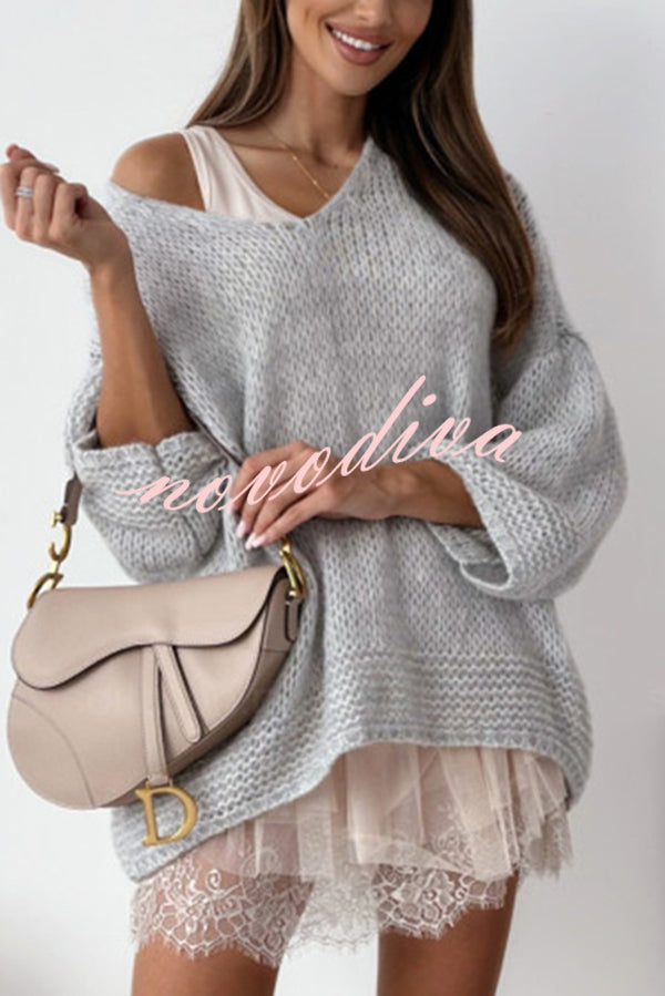 Solid Color Loose V-neck Casual Knitted Sweater