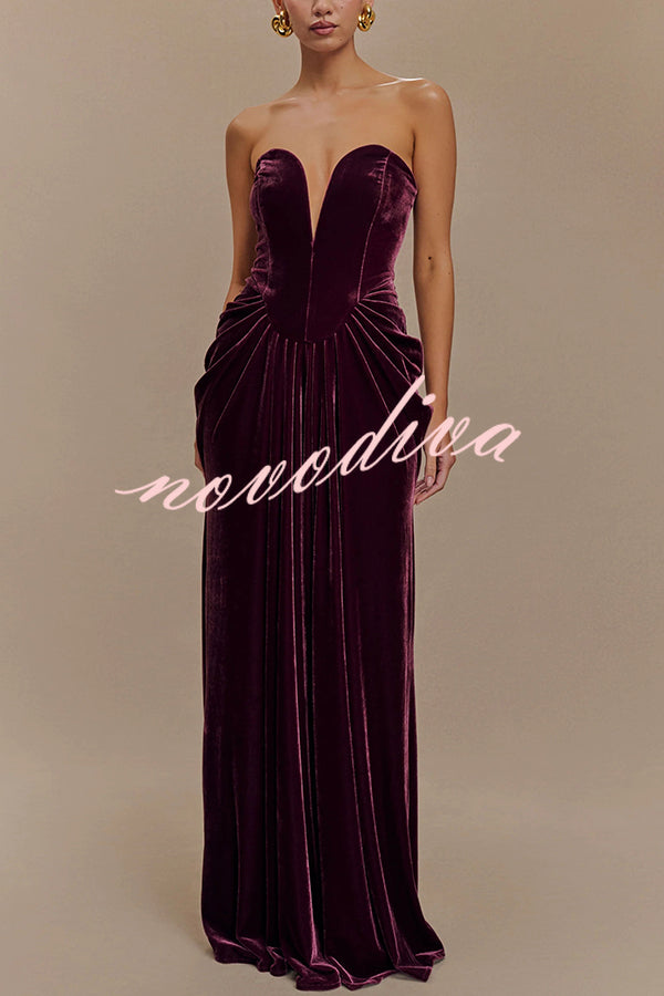 Paige Velvet Off Shoulder Side Pleated Hip Drape Maxi Dress