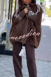 Fashion Sports Stripe Print and Ribbed Embroidered Long Sleeve Zipper Pocket Hooded Plush Coat