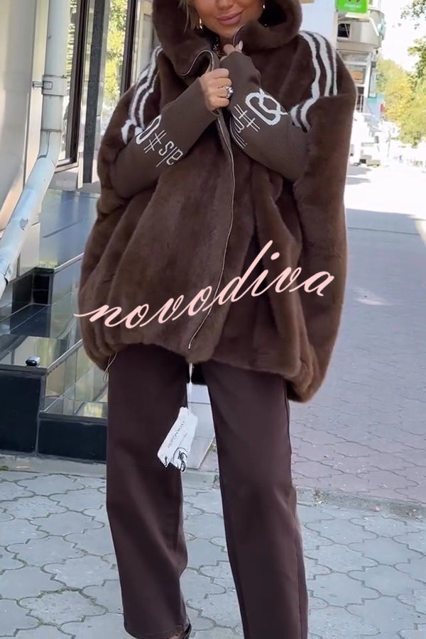 Fashion Sports Stripe Print and Ribbed Embroidered Long Sleeve Zipper Pocket Hooded Plush Coat