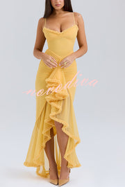 Retro Romantic Style Mesh Ruffle Trim Ruched Slit High Low Maxi Dress