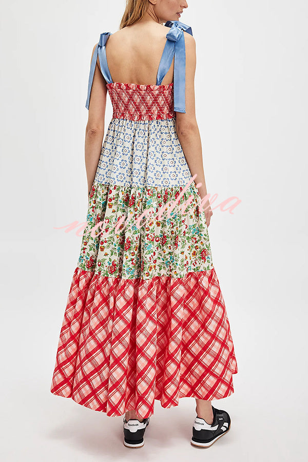 Floral Print Strappy Pleated Paneled Maxi Dress