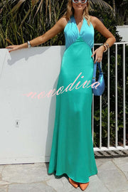 Like A Gem Satin Colorblock Halter Backless Party Maxi Dress