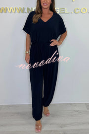 Solid Color V-neck Short-sleeved Waist-tied Loose Casual Jumpsuit