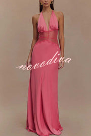 Seductive Details Satin Lace Waist Halter Tie-up Backless Maxi Dress