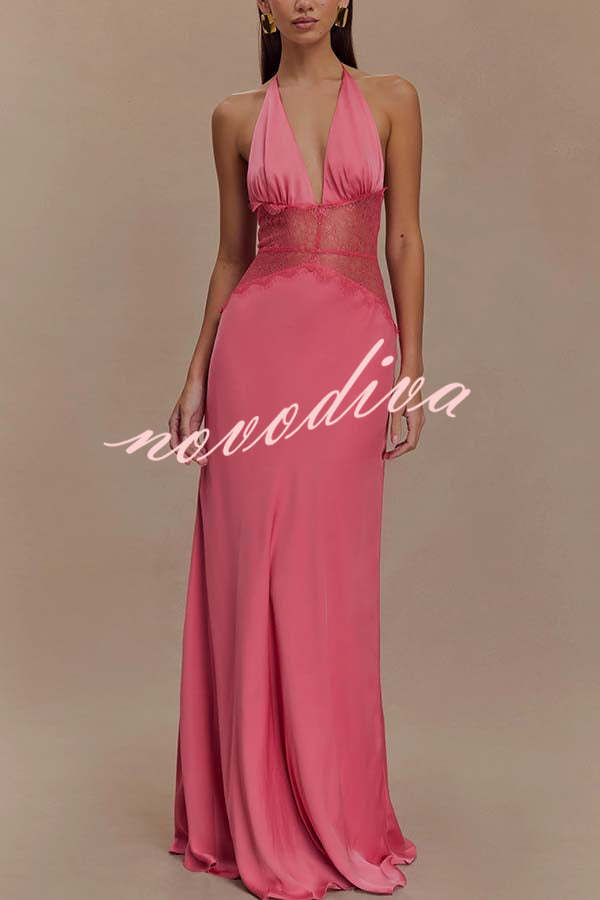 Seductive Details Satin Lace Waist Halter Tie-up Backless Maxi Dress