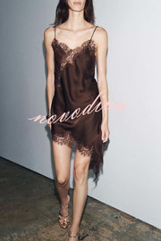 Elouise Satin Lace Trim V-neck Asymmetrical Hem Slip Mini Dress