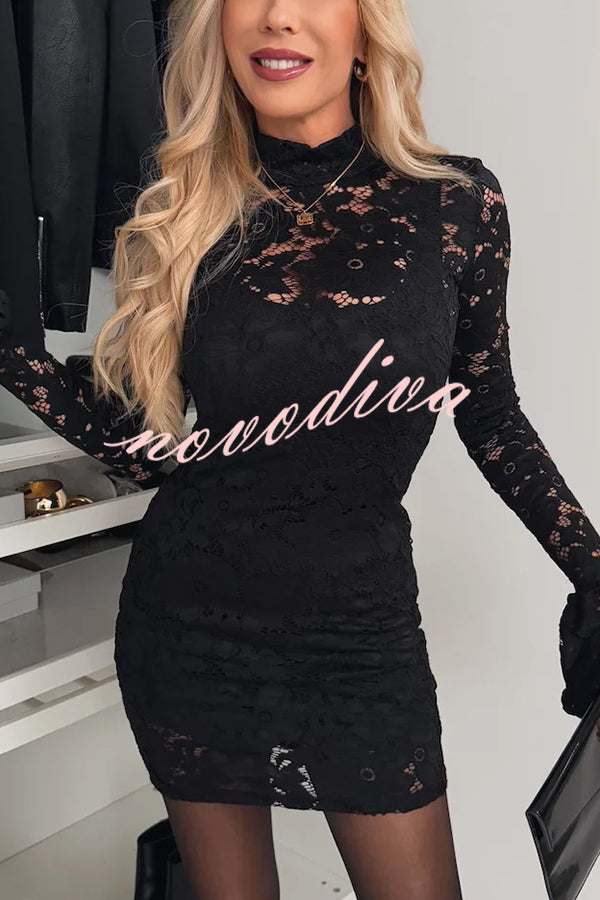 Light and Elegant Floral Lace High Neck Bell Sleeves Stretch Mini Dress