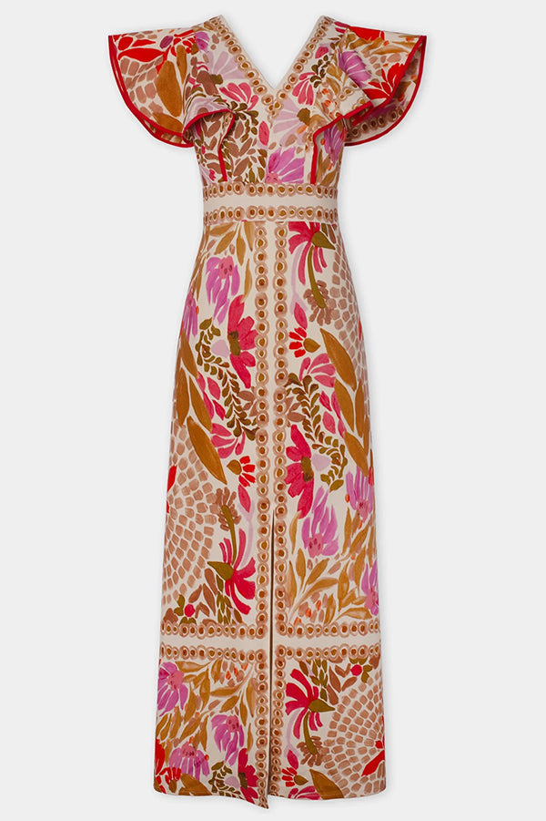 Unique Printed V-neck Open Back Ruffled Sleeves Slit Maxi Dress