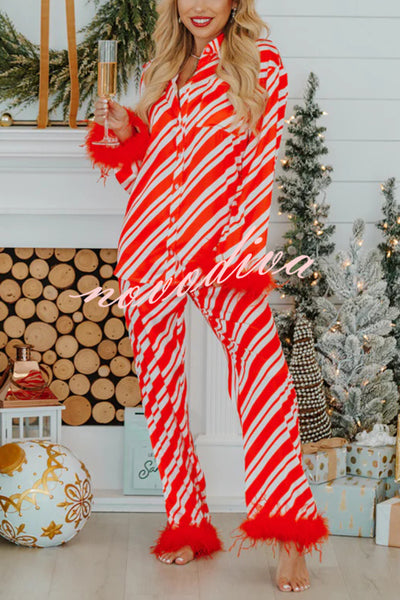 Christmas Party Striped Print Pocket Feather Elastic Waist Pajama Set