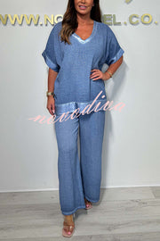 Fashionable V-neck Short-sleeved Loose Top and Elastic Waist Casual Wide-leg Pants Set