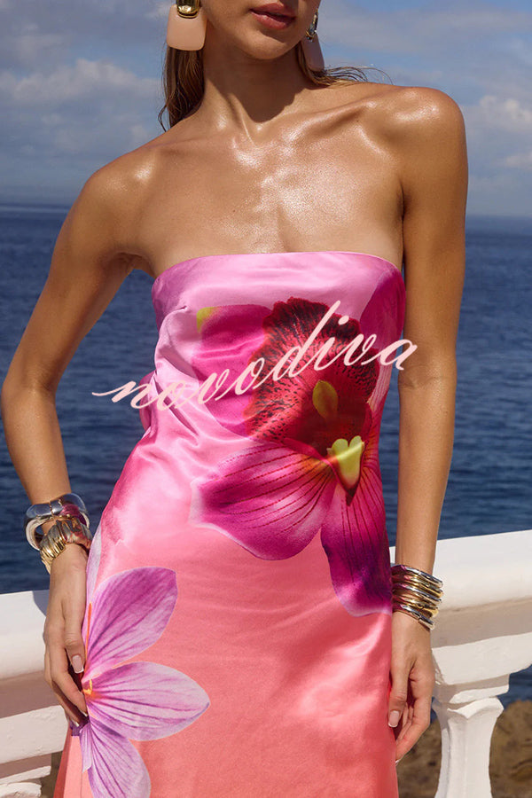 Floral Print Sexy Strapless Backless Holiday Maxi Dress