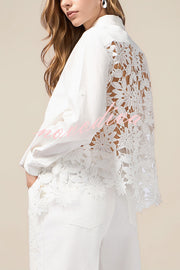 Daisy Long Sleeve Back Crochet Floral Lace A-line Blouse