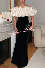 Cecily Velvet Off Shoulder Satin Structured Bardot Neck Stretch Maxi Dress