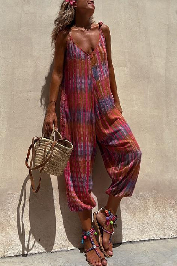 Brighton Beach Tie-dye Print Shoulder Tie Pocketed Loose Jumpsuit