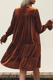 Solid Color Velvet V-Neck Long Sleeve Elegant Loose Mini Dress