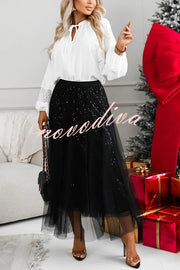 Party Daydream Sequin Tulle High Rise Elastic Waist Maxi Skirt