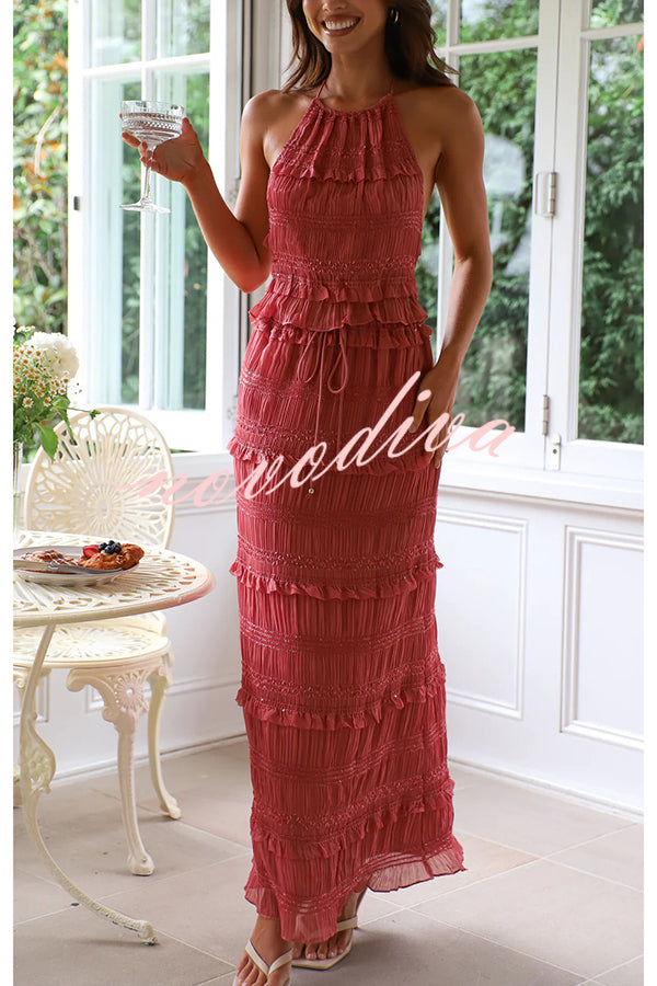 Feel Chic and Romantic Sequin Textured Material Drawstring Waist Tiered Maxi Skirt