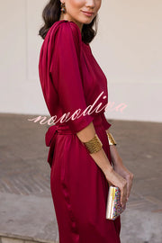 Satin Solid Color Round Neck Half Sleeve Waist Midi Dress