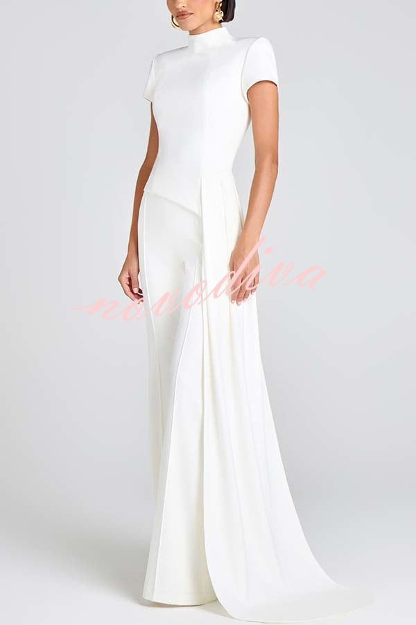 Pippa High Neck Short Sleeve Irregular Drape Hem Top and Elastic Waist Flare Pants Set