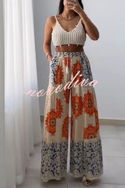 Unique Print Elastic High Waist Tie Pocket Holiday Style Wide Leg Pants