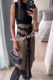Verve Ribbed Jersey Cutout Waist Asymmetric Satin Lace Hem Maxi Dress