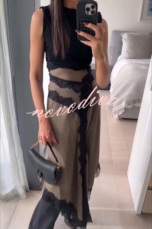 Verve Ribbed Jersey Cutout Waist Asymmetric Satin Lace Hem Maxi Dress