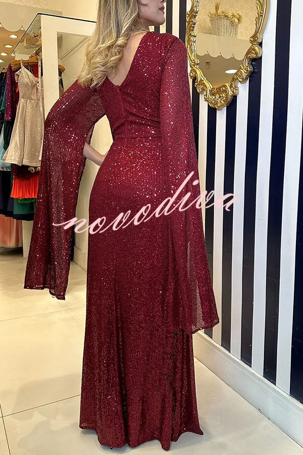 Shine Brighter Sequin Cape Sleeve Cross Waist Evening Maxi Dress