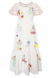 Summer Resort Printed Round Neck Bell Sleeve Maxi Dress