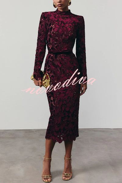Diane Velvet Embroidered Floral Lace Long Sleeve Belt Scallop Edge Midi Dress