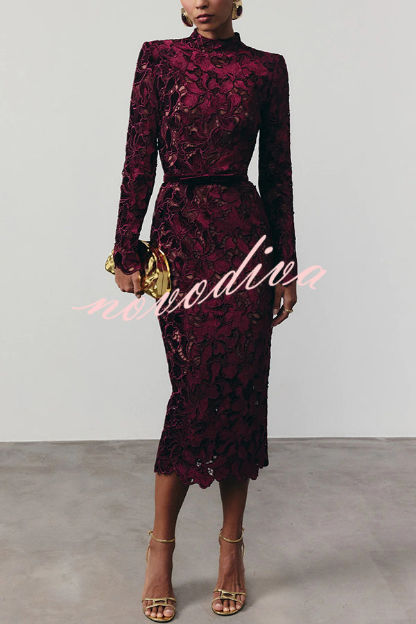 Diane Velvet Embroidered Floral Lace Long Sleeve Belt Scallop Edge Midi Dress