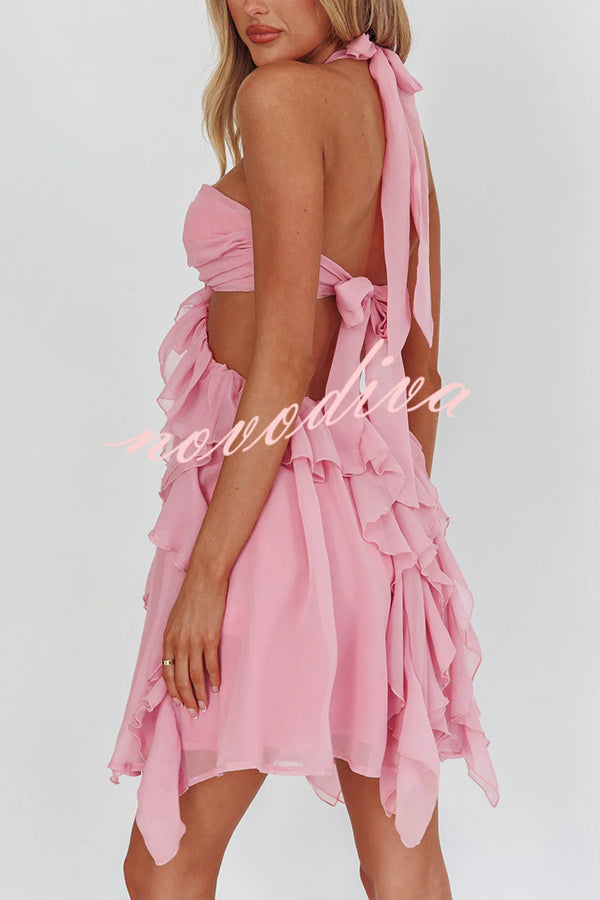 Romantic Midnight Rose Detail Cutout Ruffles Halter Mini Dress