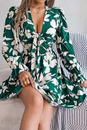 Floral Print V-neck Lace-up Long-sleeve Elastic Waist Mini Dress