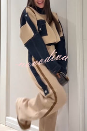 Chill Whispers Denim Patchwork Sweatshirt Fabric Striped Elastic Waist Pocket Loose Pants