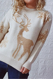 Christmas Pattern Knitted Crew Neck Long Sleeved Sweater