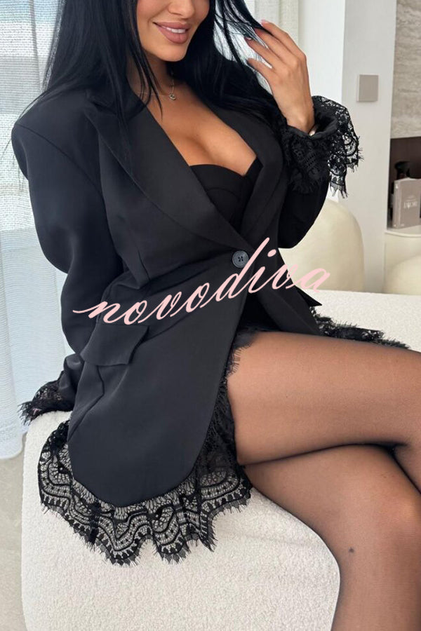 Amazing Items Lace Trim Button Up Long Sleeve Lapel Loose Blazer