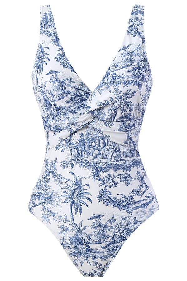 Lake View Print Sling Swimsuit and Bow Tie Lace Up Skirt