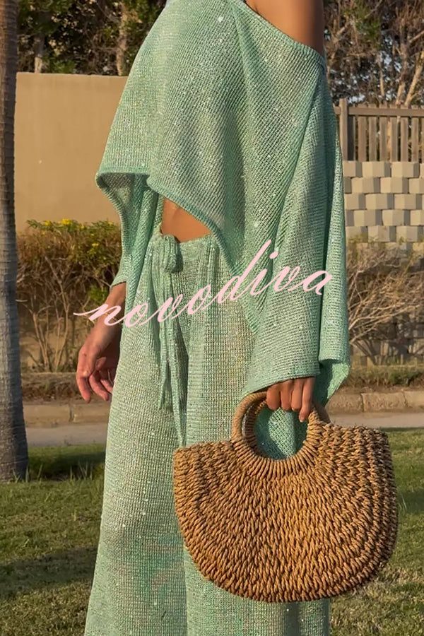 Vacation Knit Shiny Fabric Batwing Sleeve Cape Top and Cover-up Elastic Waist Loose Pants Set