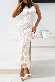 Solid Color Sleeveless Knitted Tassel Slim High Slit Midi Dress