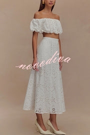 Arla Embroidered Lace Hollow High Rise A-line Midi Skirt