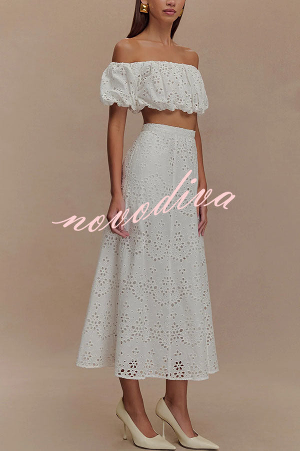 Arla Embroidered Lace Hollow High Rise A-line Midi Skirt