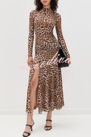 Revina Mesh Leopard Print Mock Neck Gathered Waist Long Sleeve Stretch Midi Dress