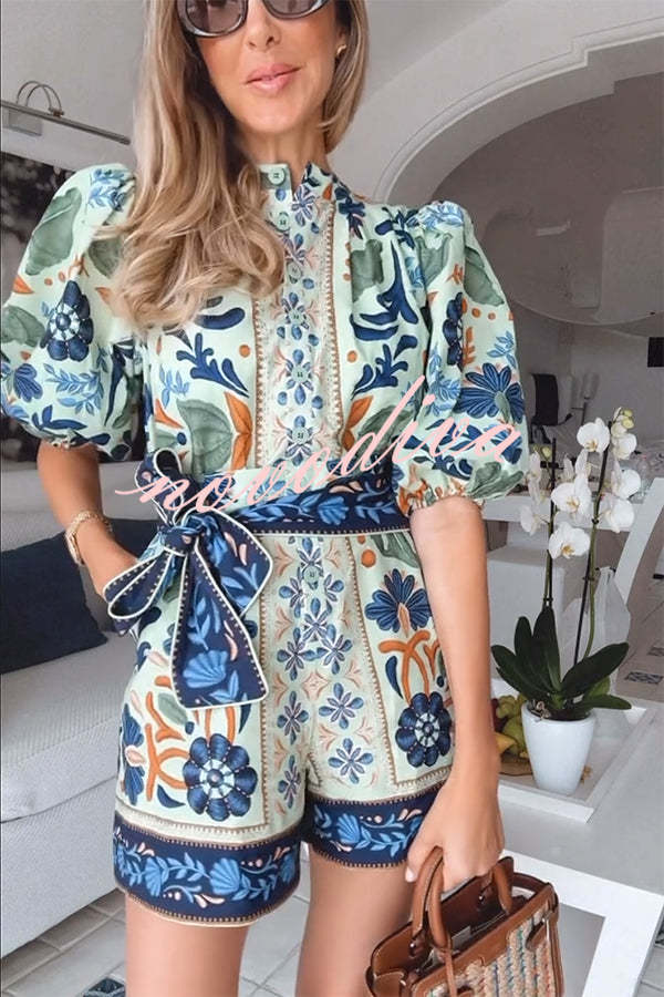 Elouise Linen Blend Unique Print Button Puff Sleeves Tie-up Pocketed Romper