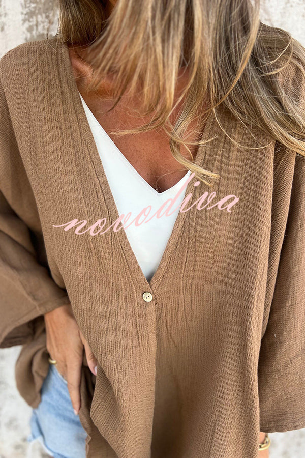 Solid Color V-neck Loose Long-sleeved Button Top