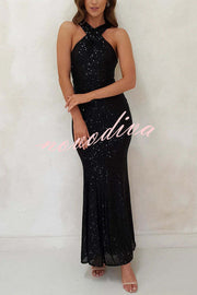 Time To Sparkle Sequin Cross Halter Neck Backless Maxi Dress