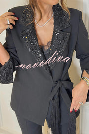 Social Time Embroidered Sequin Patchwork Tassel Belt Detail Lapel Party Blazer